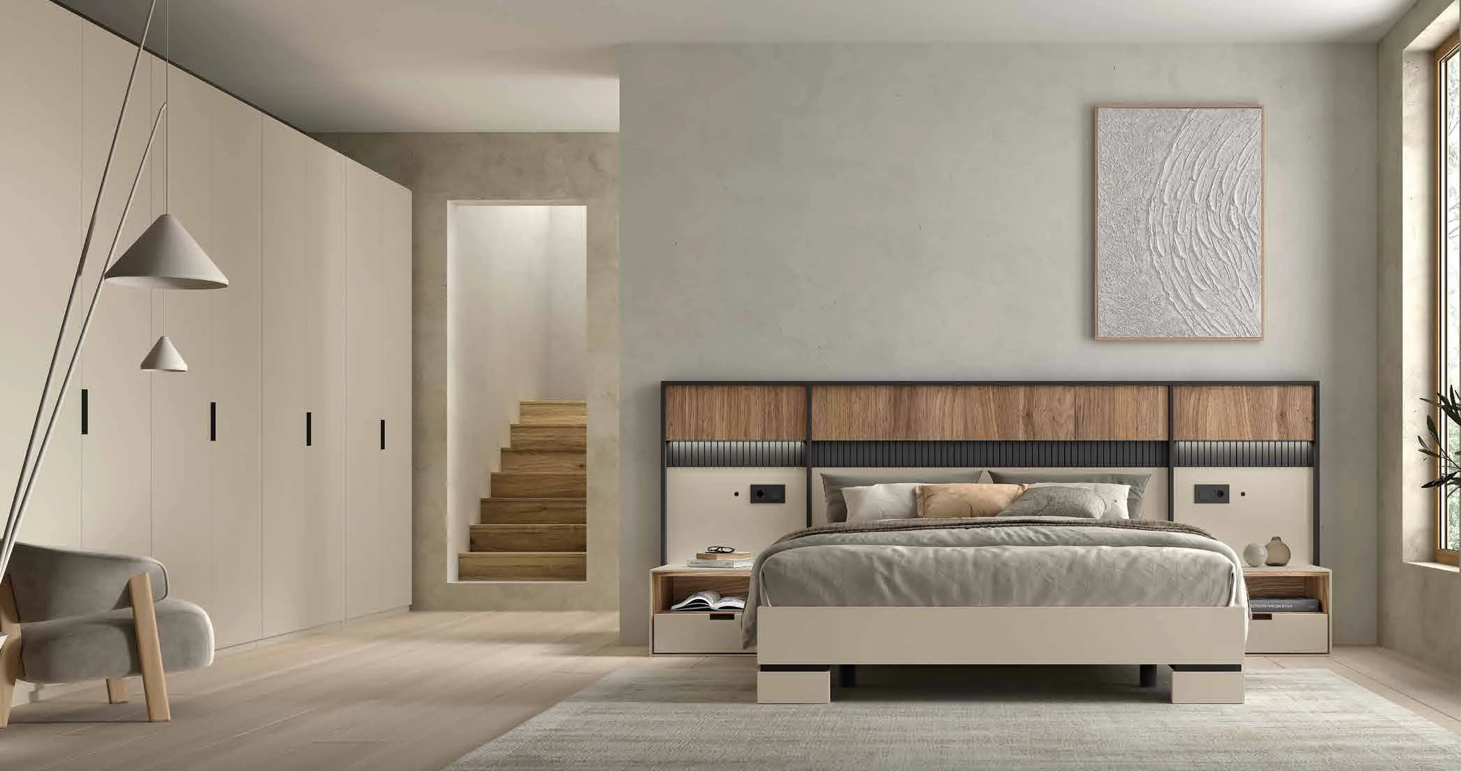Dormitorio NOA de Muebles Rosamor con armario de puertas lisas a lo largo de la pared