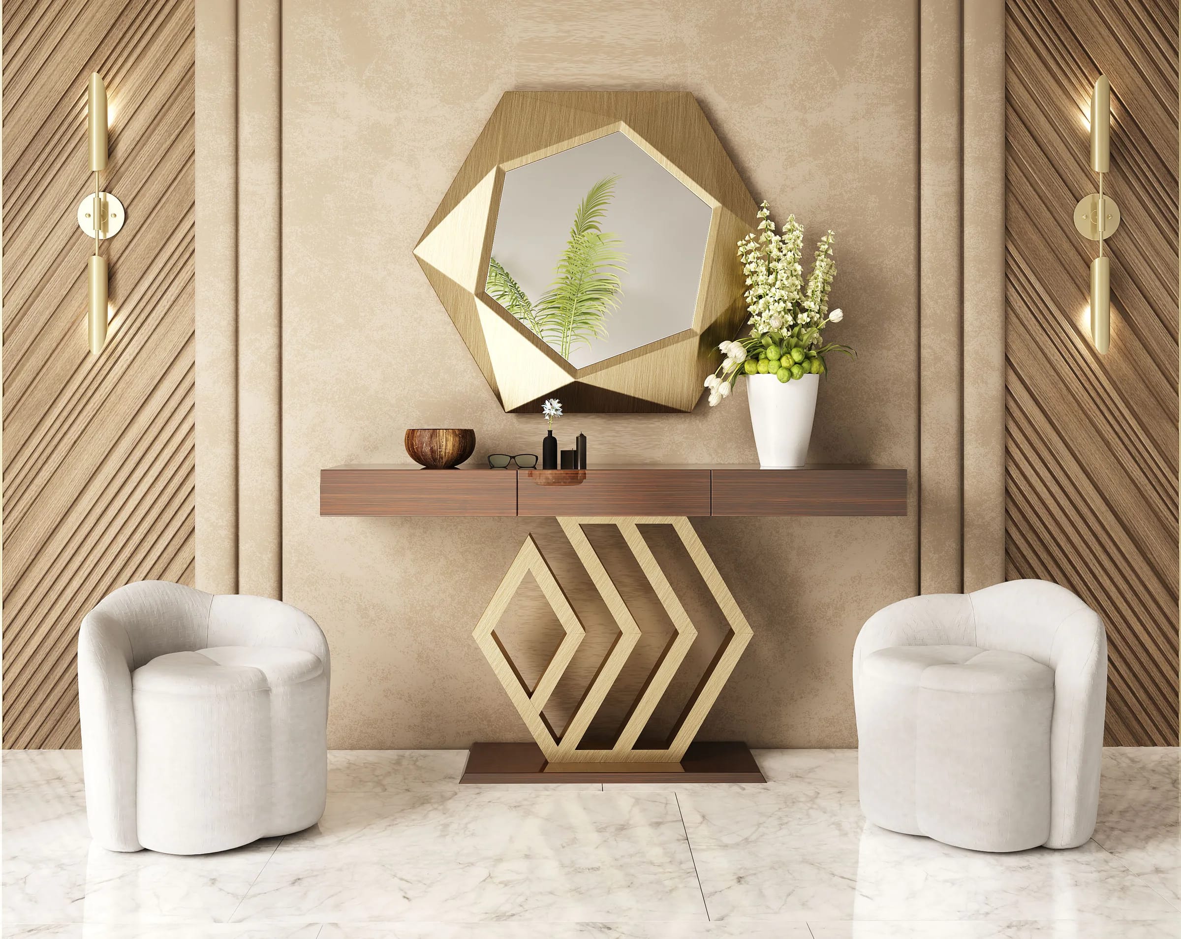 Recibidor Imperium de Franco Furniture con consola geométrica dorada, espejo y dos butacas