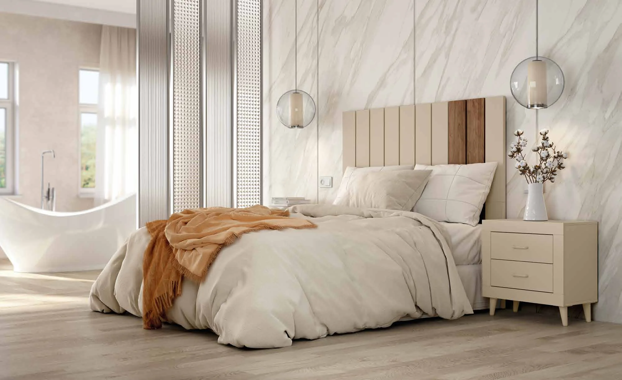 Dormitorio de matrimonio JORDAN evo de Muebles Azor con cabecero tapizado en franjas y mesitas claras