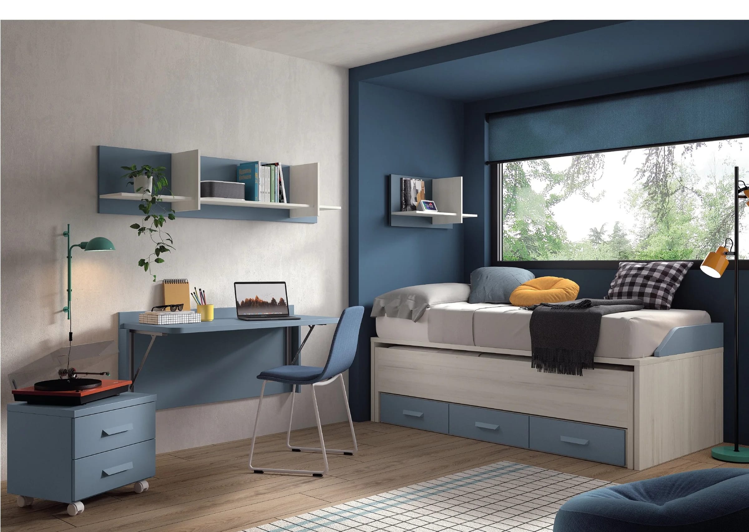 Habitación juvenil Win by Basic de Glicerio Chaves con cama nido, escritorio y ventanal en hornacina azul