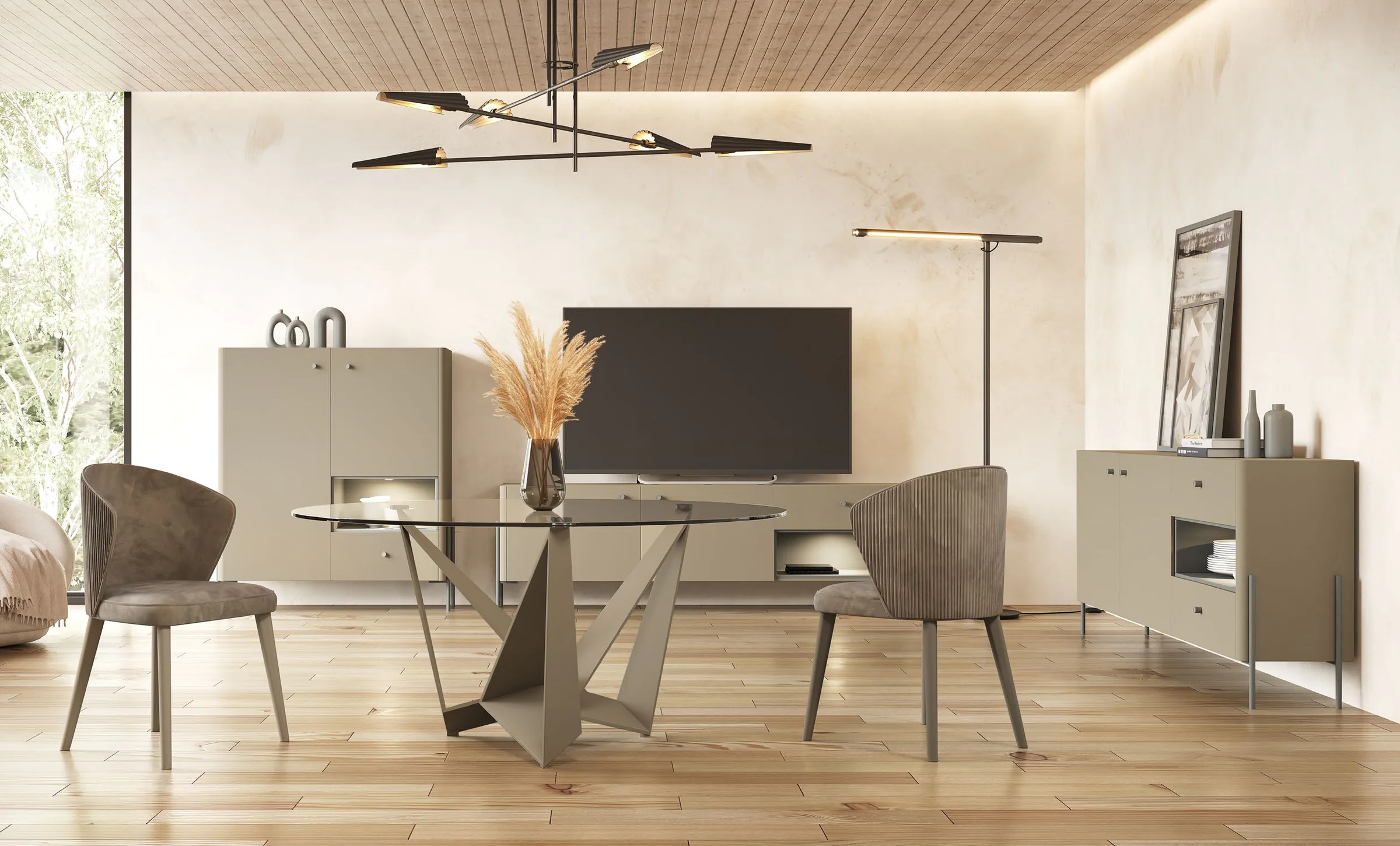 Comedor Evolution de Franco Furniture con mesa de cristal, sillas tapizadas y aparador