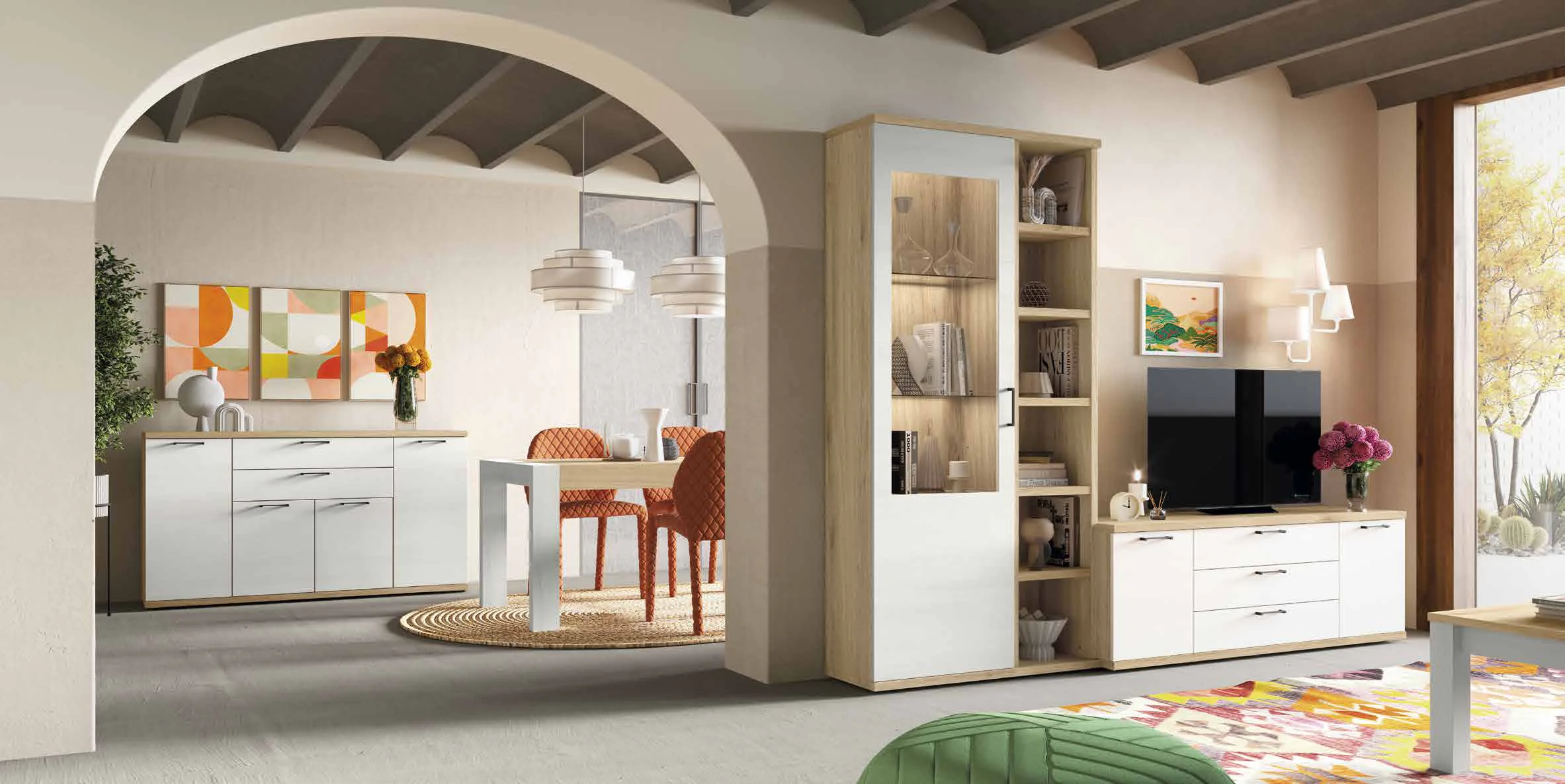 Salón Ramis KRONOS con vitrina y mueble de televisión en roble y blanco, arco abierto al comedor