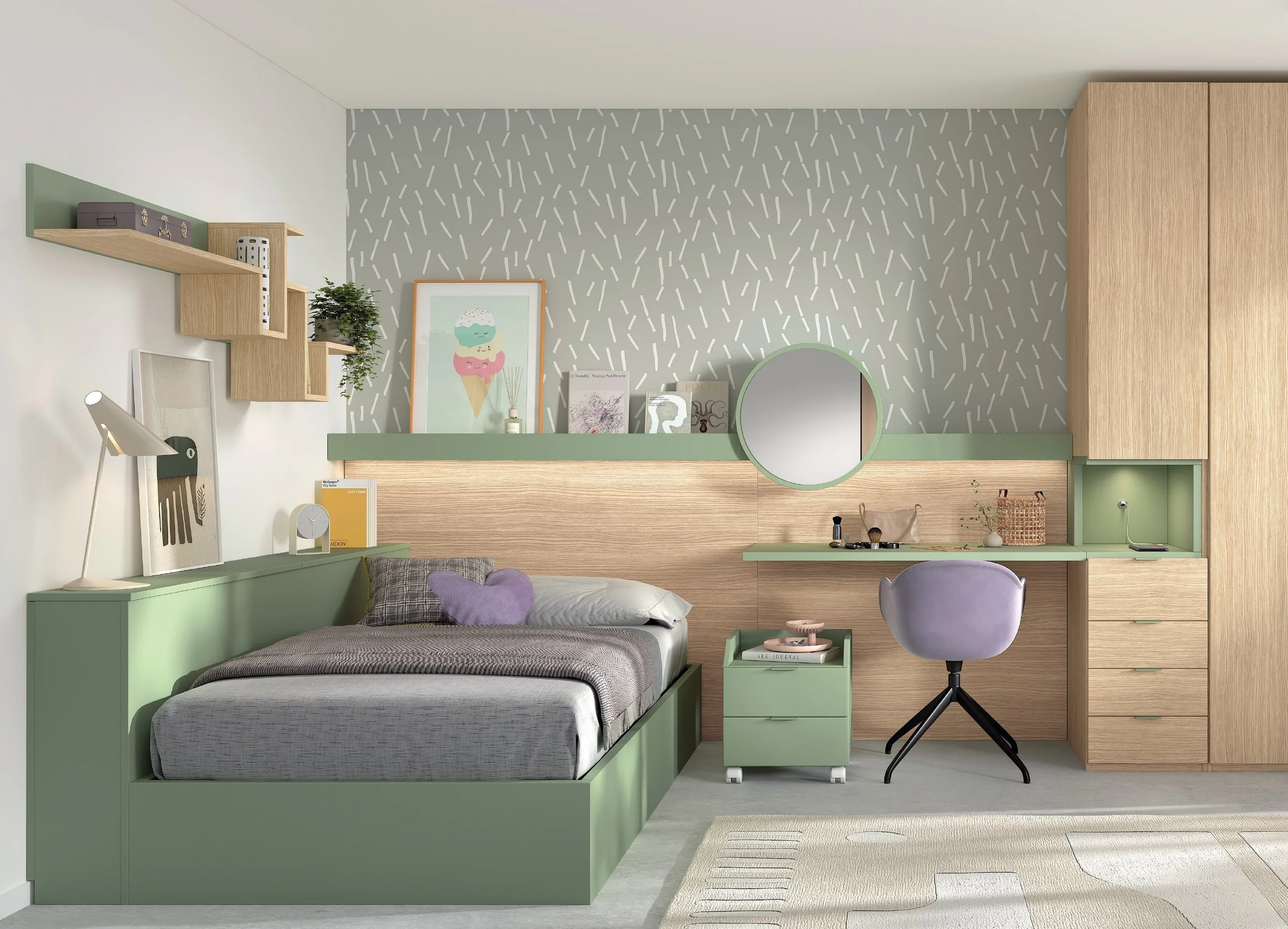 Habitación juvenil Advance de Glicerio Chaves con cama en verde salvia, tocador y armario en roble