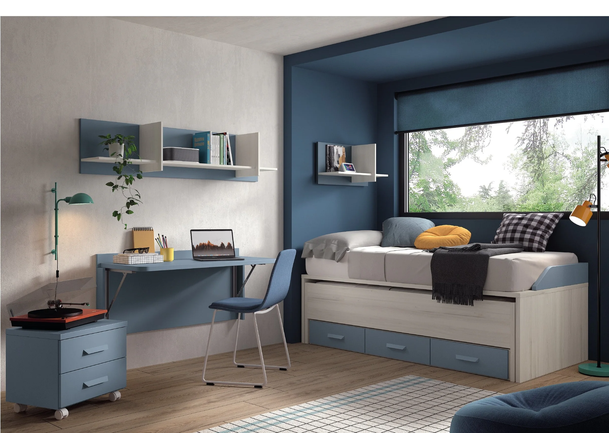 Habitación juvenil Win by Basic de Glicerio Chaves con cama nido, escritorio y ventanal en hornacina azul