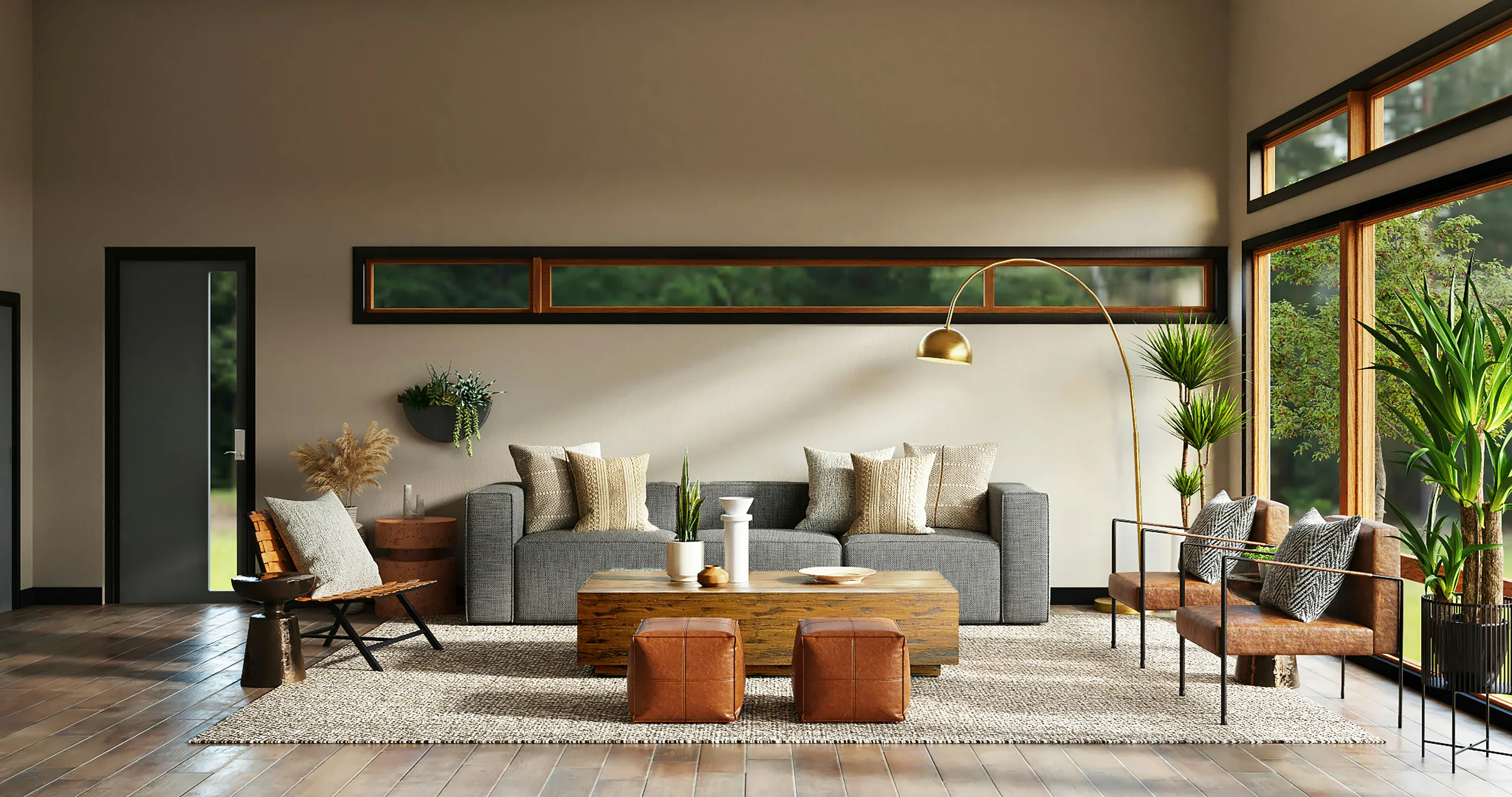 Salón contemporáneo con sofá gris, mesa de centro de madera, pufs de cuero y luz cálida