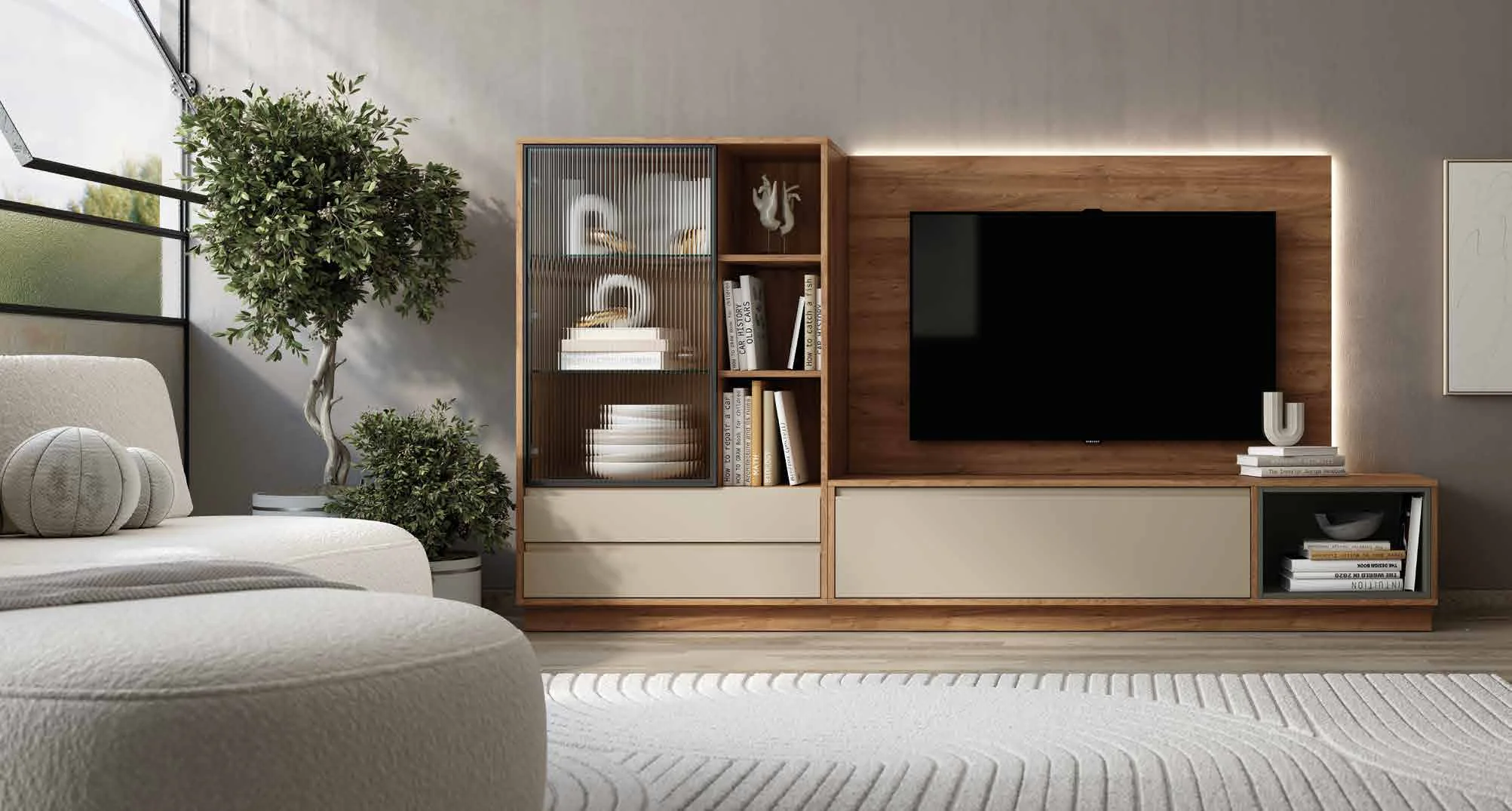 Salón NOAH de Muebles Azor con panel de televisión en nogal, vitrina de cristal acanalado y plantas