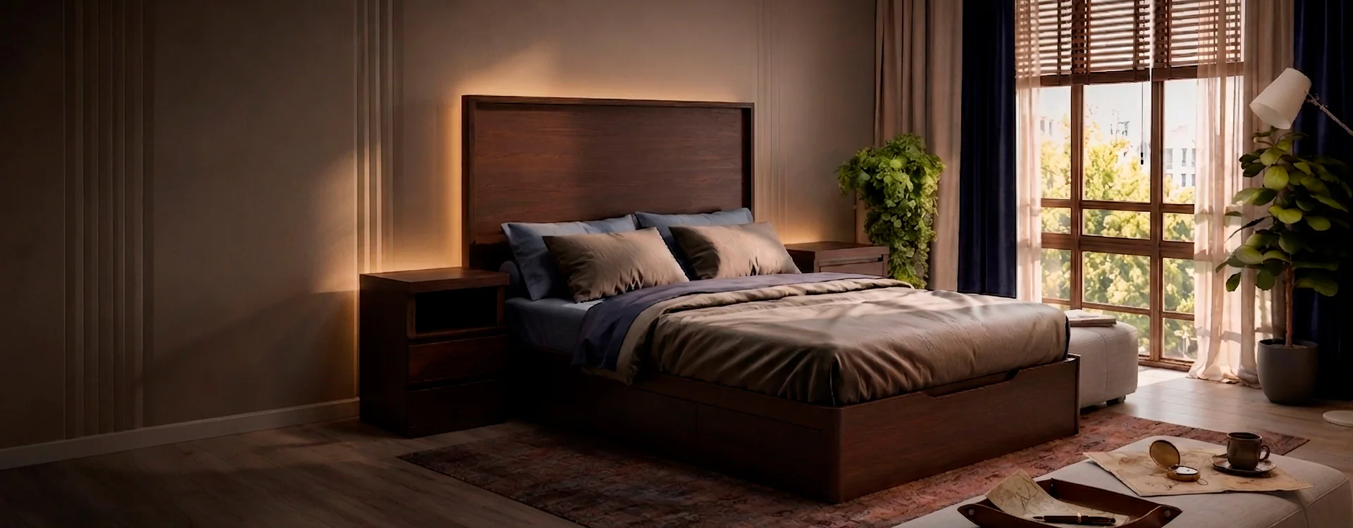 Dormitorio con cabecero y canapé de madera de Yecol iluminado con luz cálida