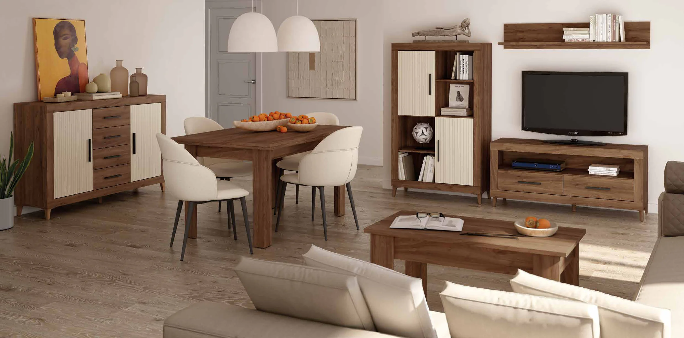 Salón comedor MOON evo de Muebles Azor con aparador, mesa extensible y librería