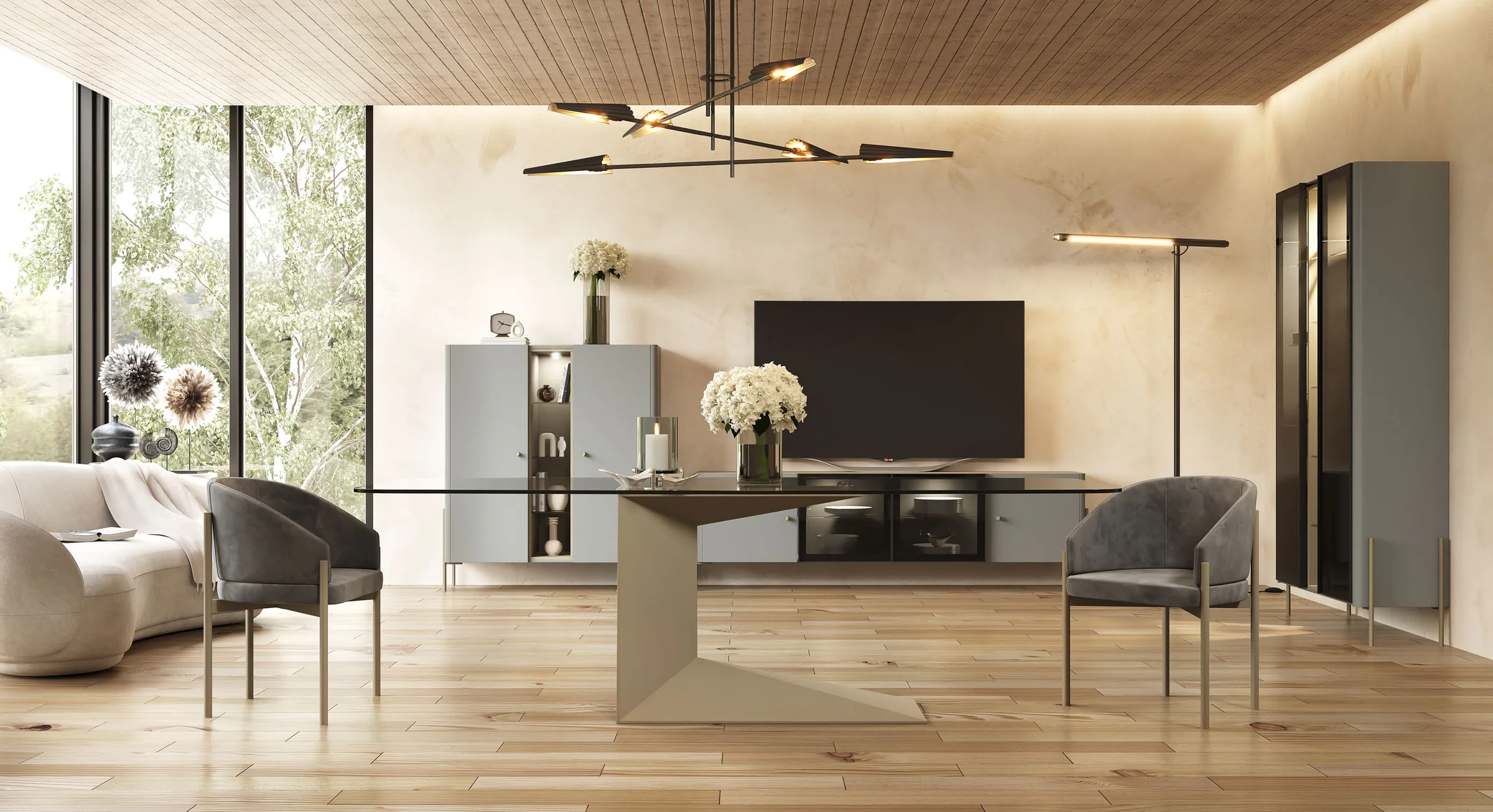 Salón comedor Evolution de Franco Furniture con aparadores, mesa de cristal y techo de madera