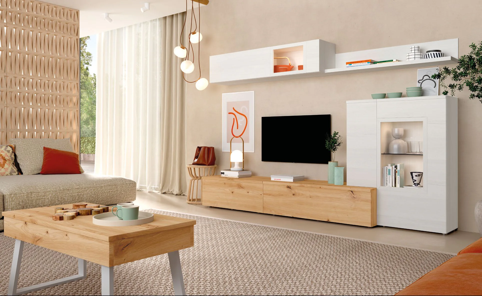 Salón NEO de Muebles Ramis con composición modular en roble y blanco