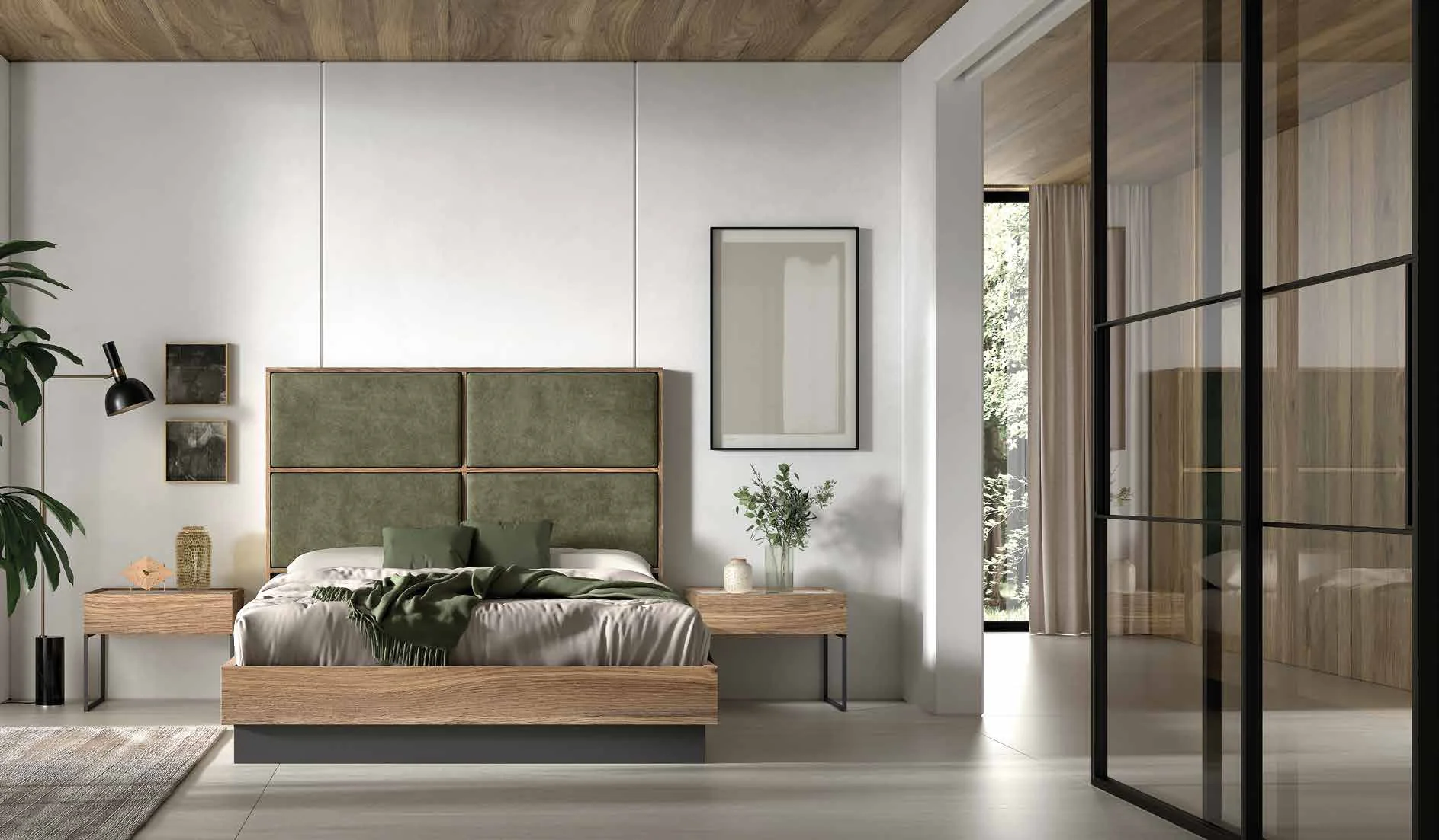 Dormitorio NOA de Muebles Rosamor con cabecero tapizado en verde y mampara de cristal
